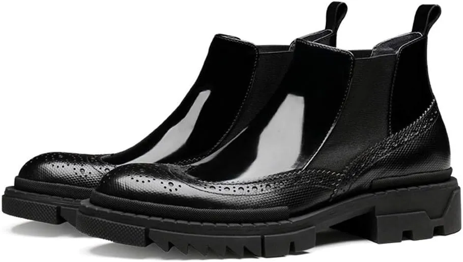 High Heel Brogue Boot for Men Chelsea BootGenuine Leather Pull On Wingtip Carving Round Toe Patent Leather