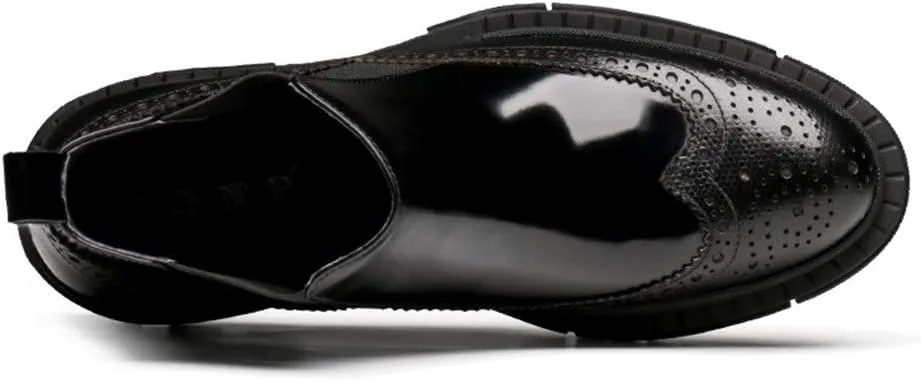 High Heel Brogue Boot for Men Chelsea BootGenuine Leather Pull On Wingtip Carving Round Toe Patent Leather
