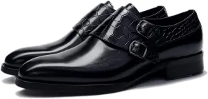 HOOENG Dress Oxford for Men Slip on Double Monk Strap Crocodile Brocaded Round Toe Cowhide Low Top Block Heel Slip Resistant Walk (Color : Black, Size : 9.5)