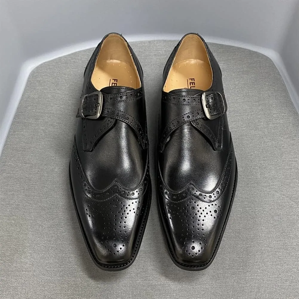 HOOENG Dress Oxford for Men Slip on Monk Strap Brogue Brocaded Wing-tip Foursquare Toe Cowhide Non Slip Anti-Slip Low Top Block Heel Rubber Sole Casual