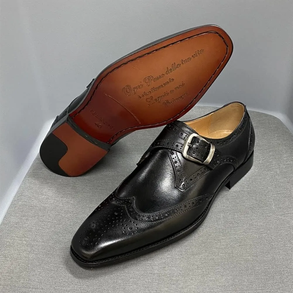 HOOENG Dress Oxford for Men Slip on Monk Strap Brogue Brocaded Wing-tip Foursquare Toe Cowhide Non Slip Anti-Slip Low Top Block Heel Rubber Sole Casual