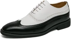 HOOENG Dress Oxford Formal Shoes for Men Lace Up Two Tone Brogue Embossed Wing tip PU Leather Low Top Anti-Slip Rubber Sole Business (Color : Black White, Size : 10)