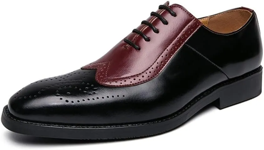 HOOENG Oxford Shoes for Men Lace Up Two Tone Square Toe Brogue Embossed Wing tip Vegan Leather Non Slip Rubber Sole Slip Resistant Block Heel Classic