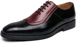 HOOENG Oxford Shoes for Men Lace Up Two Tone Square Toe Brogue Embossed Wing tip Vegan Leather Non Slip Rubber Sole Slip Resistant Block Heel Classic