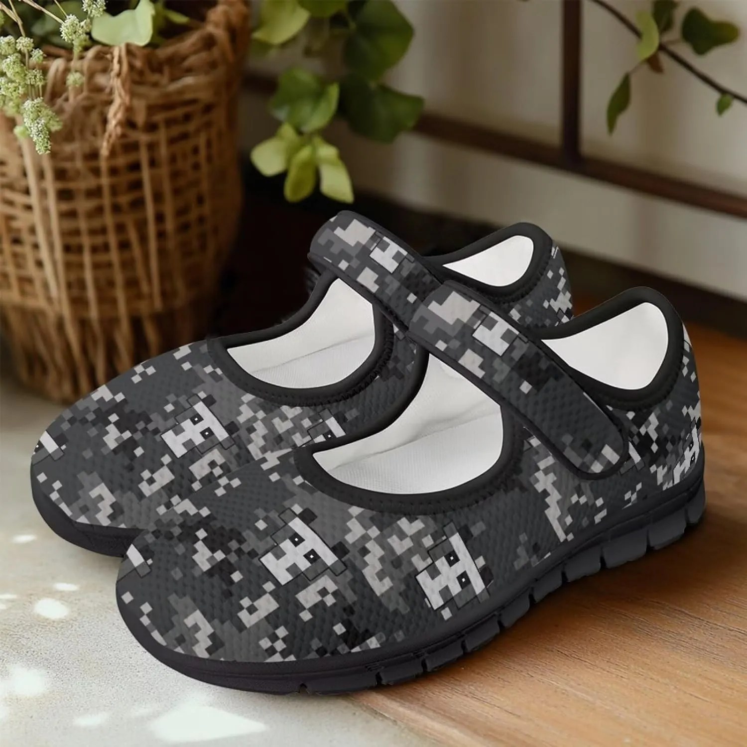 Howilath Camouflage Women's Ballet Flats Round Toe Mary Jane Shoes Single Buckle Flats Shoes Casual Flats Shoes