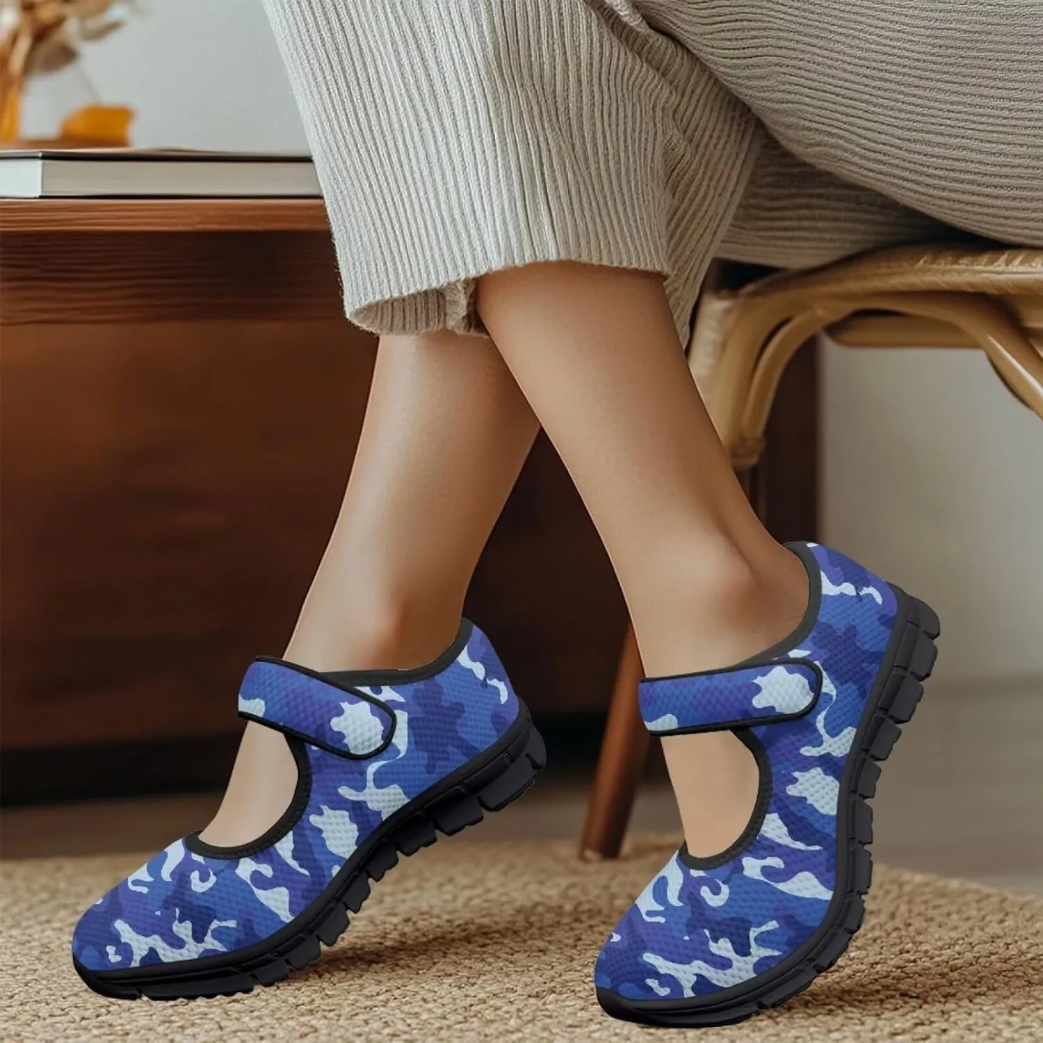Howilath Camouflage Women's Ballet Flats Round Toe Mary Jane Shoes Single Buckle Flats Shoes Casual Flats Shoes