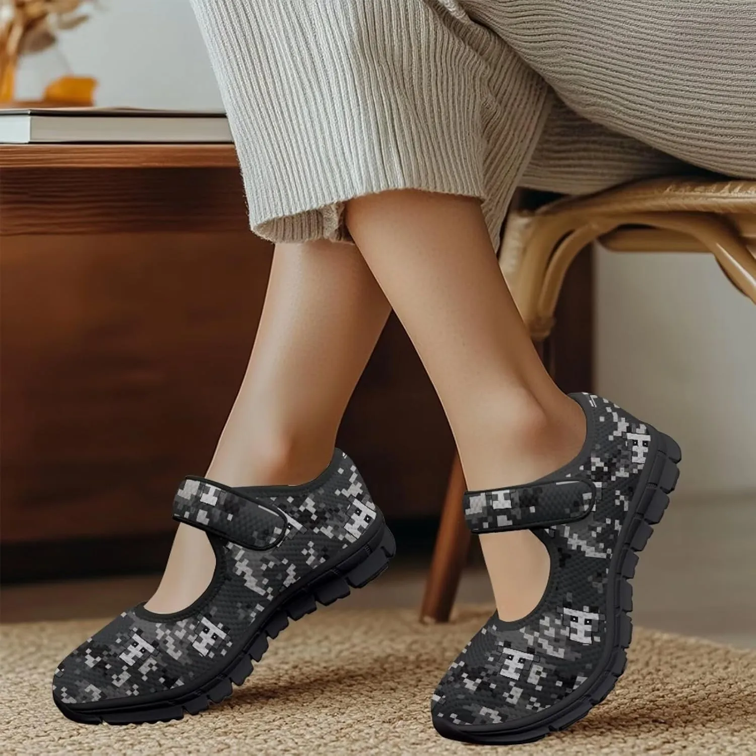 Howilath Camouflage Women's Ballet Flats Round Toe Mary Jane Shoes Single Buckle Flats Shoes Casual Flats Shoes
