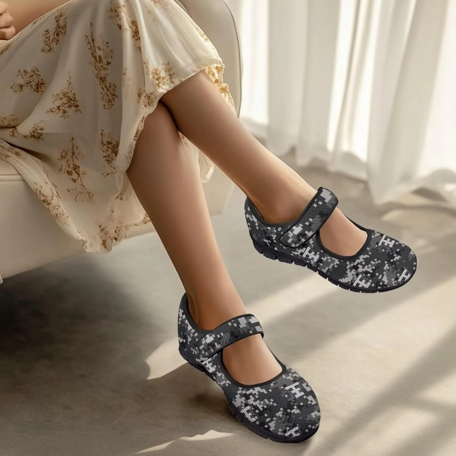 Howilath Camouflage Women's Ballet Flats Round Toe Mary Jane Shoes Single Buckle Flats Shoes Casual Flats Shoes