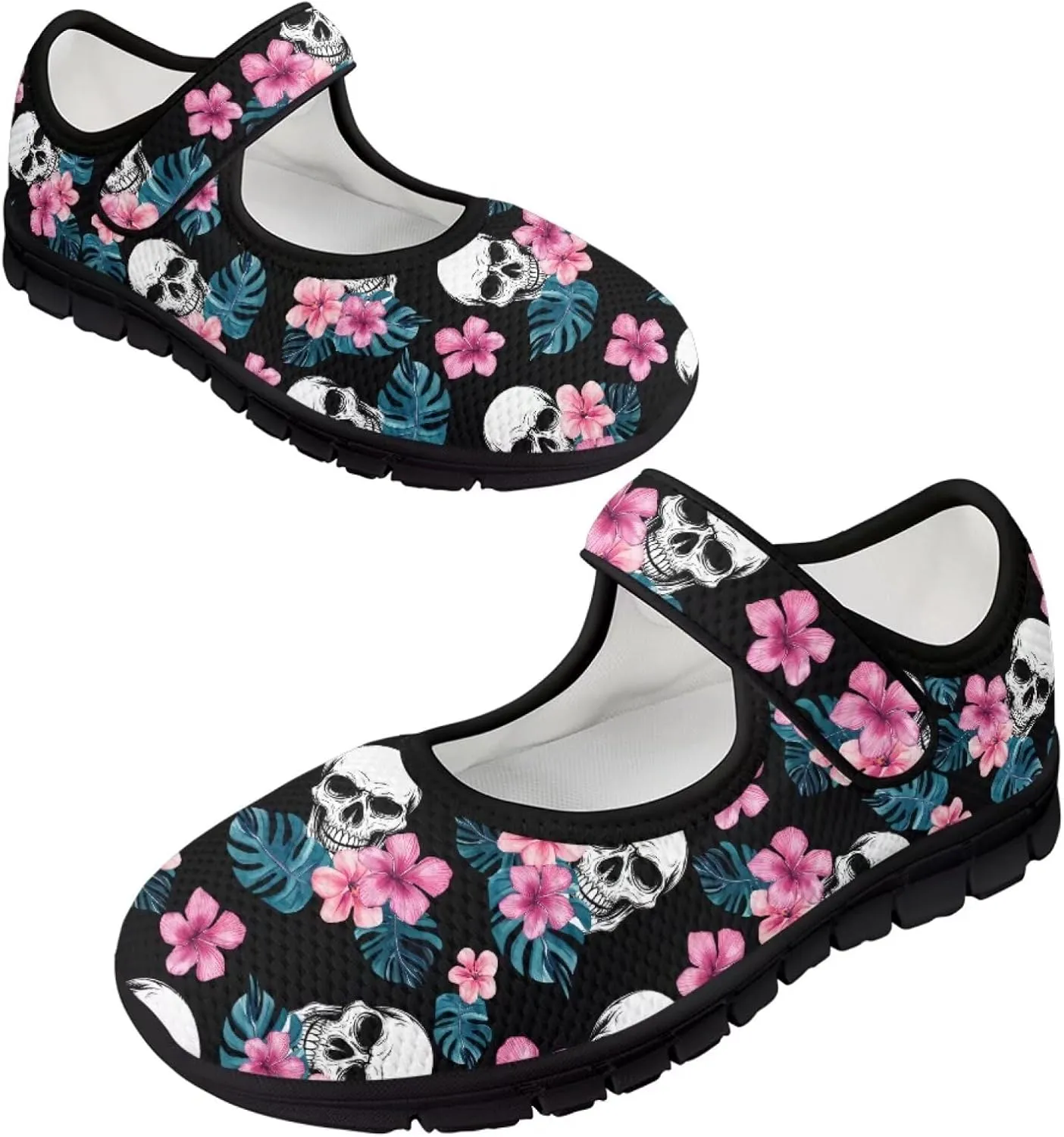 Howilath Gothic Skull Print Womens Mary Jane Shoes Flats Round Toe Ballet Flats Dress Dance Shoe swith Magic Sticker