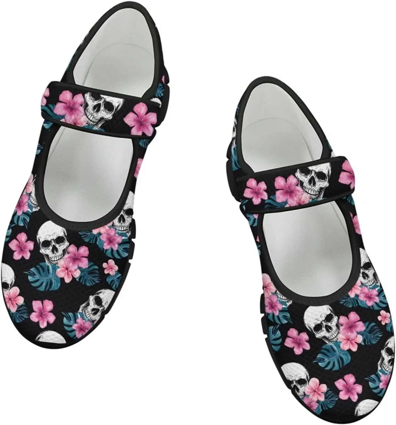 Howilath Gothic Skull Print Womens Mary Jane Shoes Flats Round Toe Ballet Flats Dress Dance Shoe swith Magic Sticker