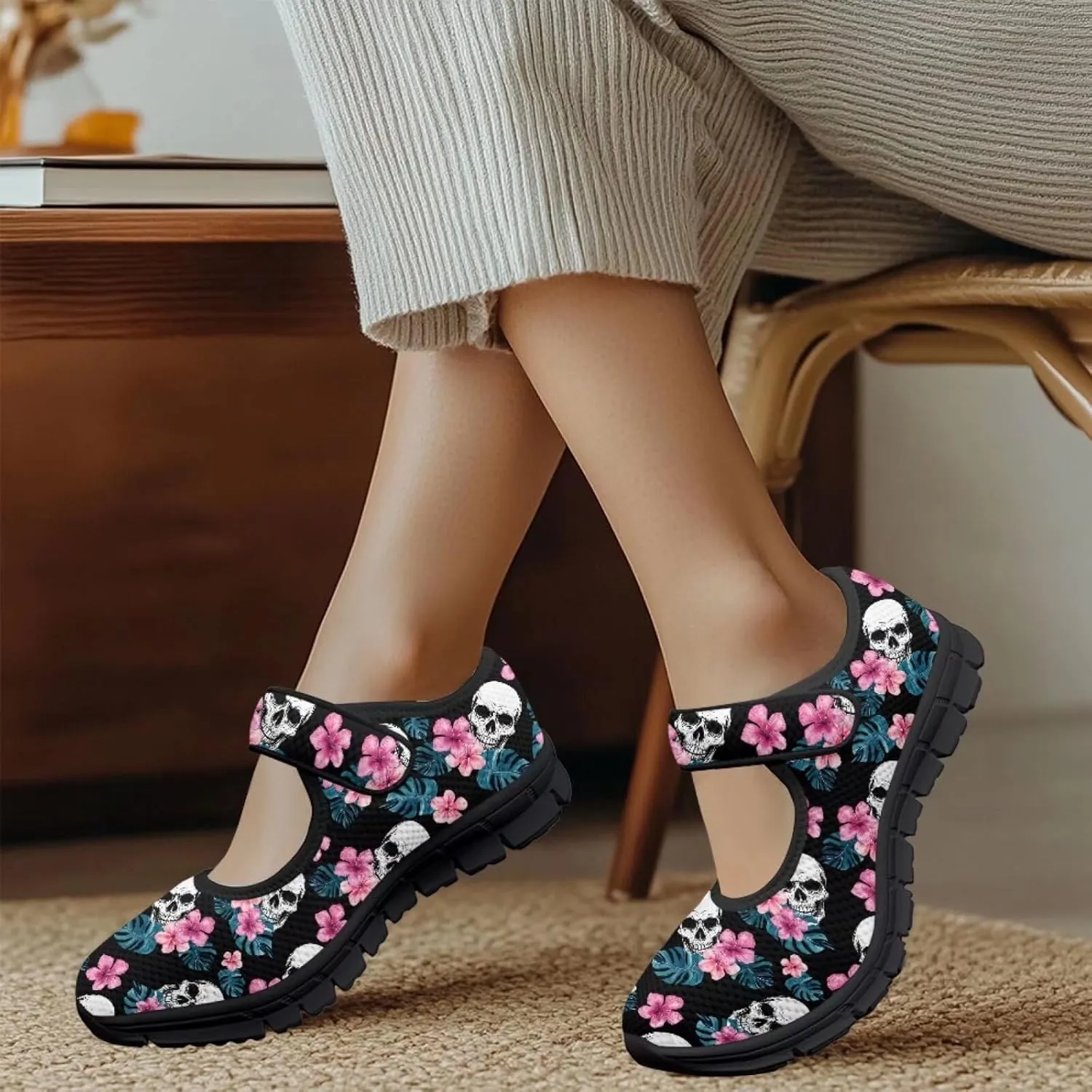 Howilath Gothic Skull Print Womens Mary Jane Shoes Flats Round Toe Ballet Flats Dress Dance Shoe swith Magic Sticker