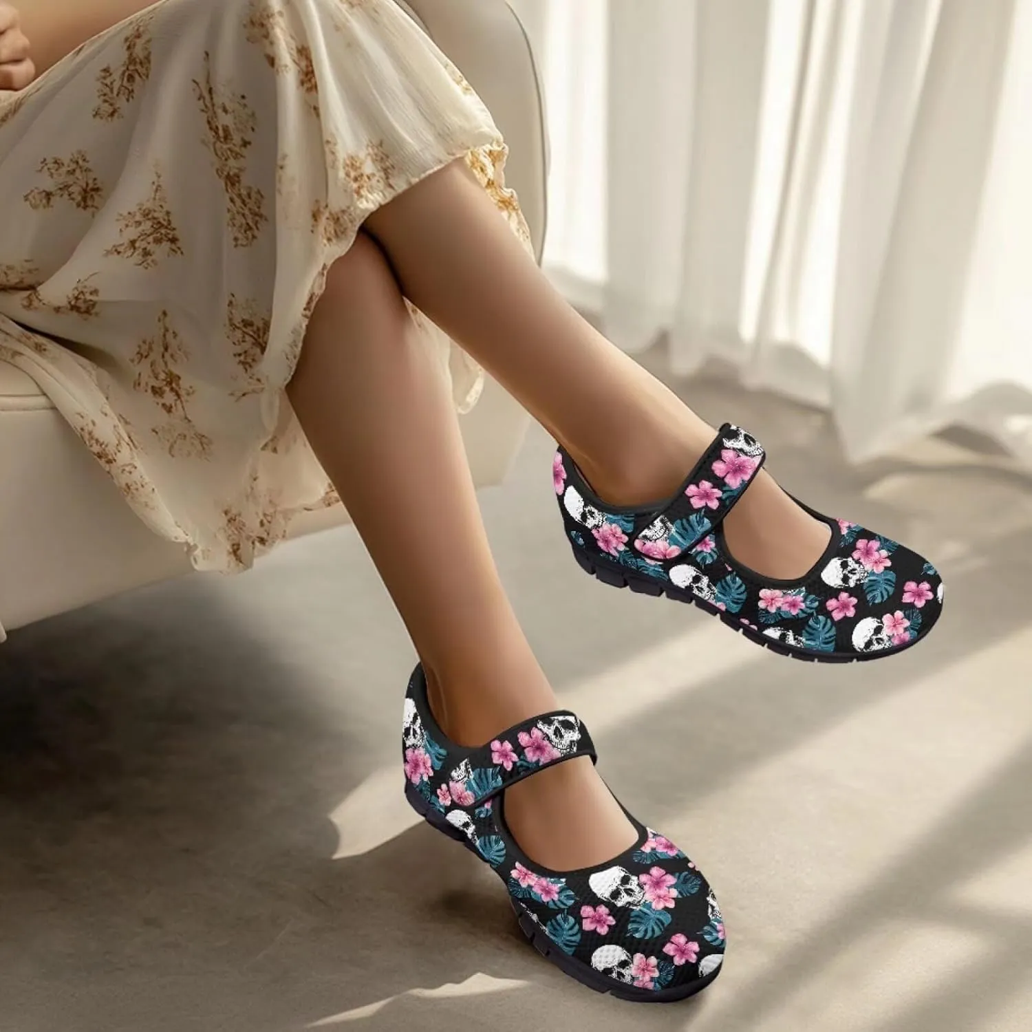 Howilath Gothic Skull Print Womens Mary Jane Shoes Flats Round Toe Ballet Flats Dress Dance Shoe swith Magic Sticker