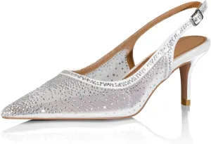 iadore Women Fashion Low Kitten Heel Pumps Sexy Rhinestone Splicing Mesh Suede Slingback Shoes Classic Wedding Party Pumps Size 5-12 US