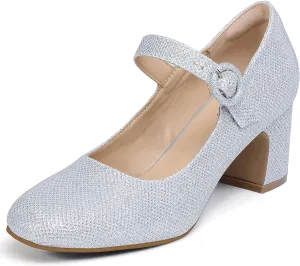 IDIFU IN3 Mary Jane Pumps Closed Toe Low Short Chunky Block Dress Shoes for Women Wedding Bridal Flight Attendant Heels Formal Cute Round Toe Vintage Small Thick Pumps Heels with Round Buckle