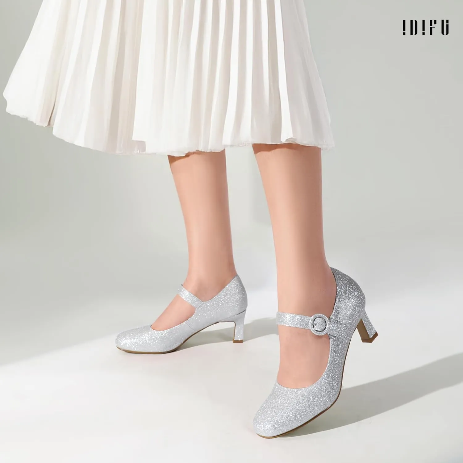 IDIFU IN3 Mary Jane Shoes Women's Closed Round Toe Low Short Small Heels Dressy Heeled Dress Shoes for Women Bride Ladies Wedding Work Comfortable Trendy Pumps with Round Buckle