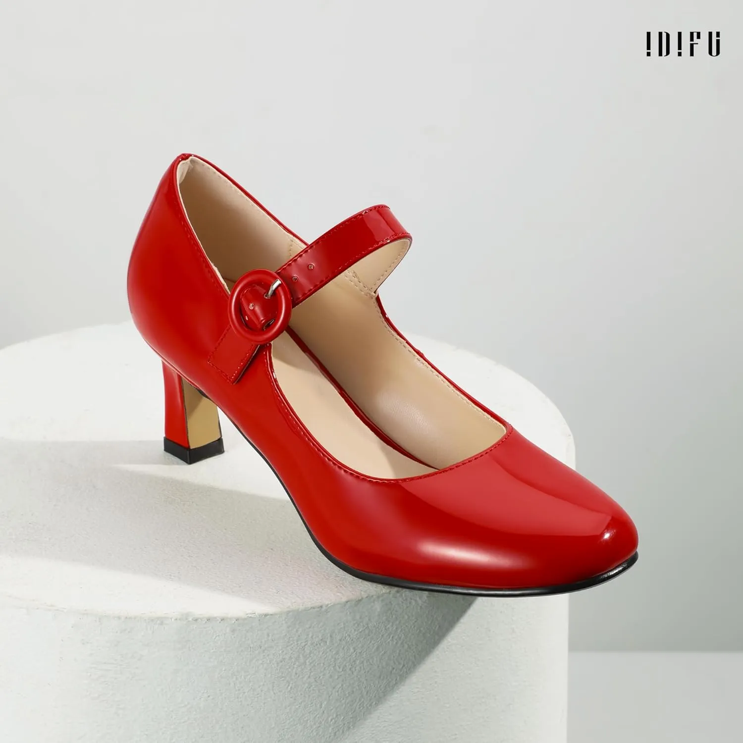 IDIFU IN3 Mary Jane Shoes Women's Closed Round Toe Low Short Small Heels Dressy Heeled Dress Shoes for Women Bride Ladies Wedding Work Comfortable Trendy Pumps with Round Buckle