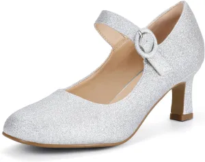 IDIFU IN3 Mary Jane Shoes Women's Closed Round Toe Low Short Small Heels Dressy Heeled Dress Shoes for Women Bride Ladies Wedding Work Comfortable Trendy Pumps with Round Buckle