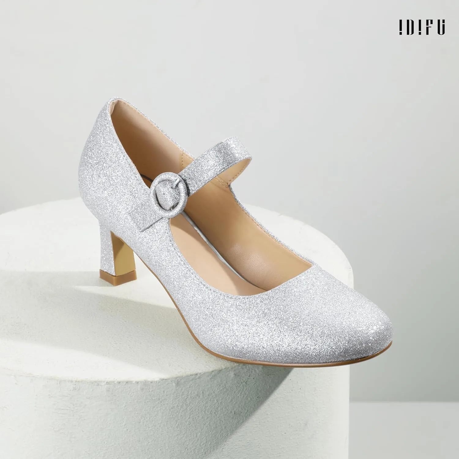 IDIFU IN3 Mary Jane Shoes Women's Closed Round Toe Low Short Small Heels Dressy Heeled Dress Shoes for Women Bride Ladies Wedding Work Comfortable Trendy Pumps with Round Buckle
