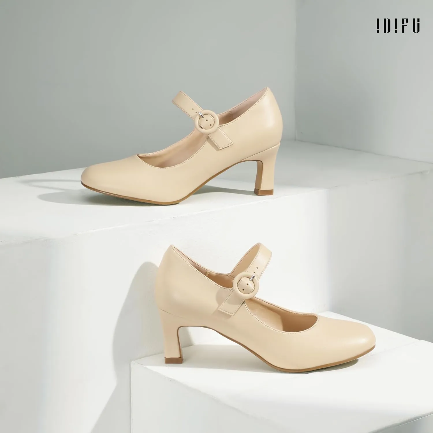 IDIFU IN3 Mary Jane Shoes Women's Closed Round Toe Low Short Small Heels Dressy Heeled Dress Shoes for Women Bride Ladies Wedding Work Comfortable Trendy Pumps with Round Buckle