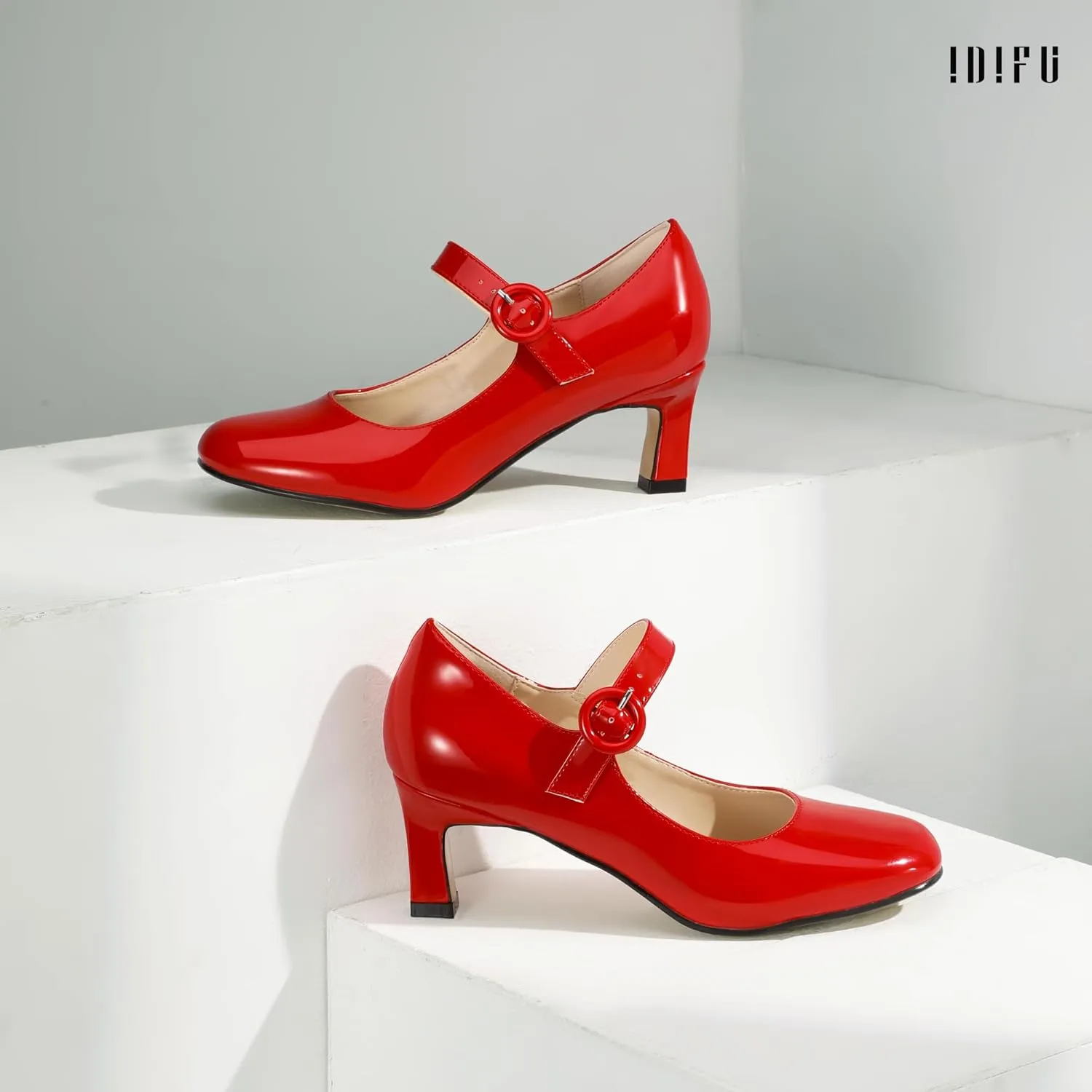 IDIFU IN3 Mary Jane Shoes Women's Closed Round Toe Low Short Small Heels Dressy Heeled Dress Shoes for Women Bride Ladies Wedding Work Comfortable Trendy Pumps with Round Buckle