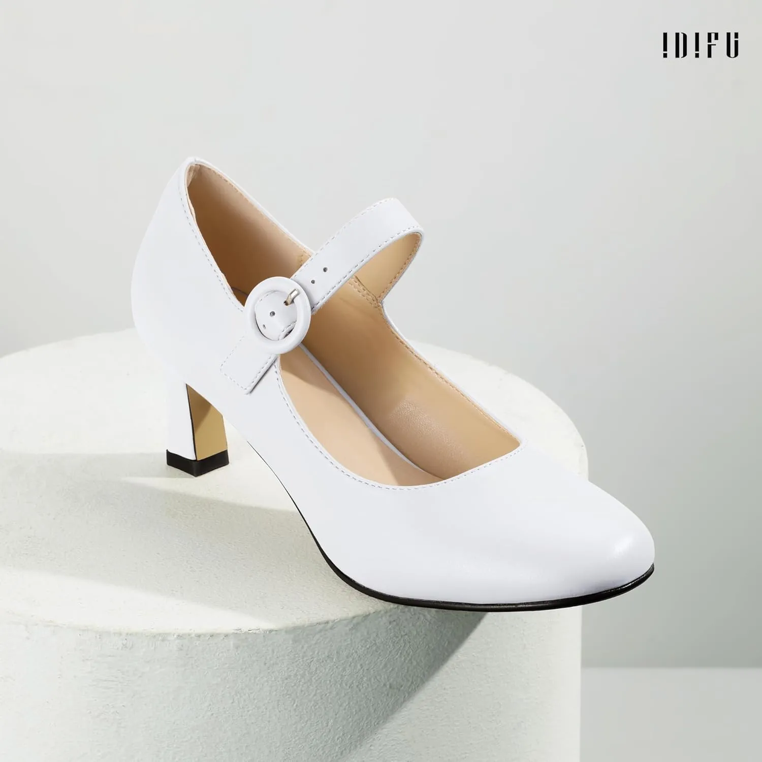 IDIFU IN3 Mary Jane Shoes Women's Closed Round Toe Low Short Small Heels Dressy Heeled Dress Shoes for Women Bride Ladies Wedding Work Comfortable Trendy Pumps with Round Buckle