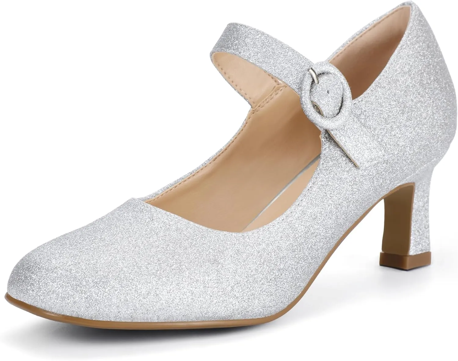 IDIFU IN3 Mary Jane Shoes Women's Closed Round Toe Low Short Small Heels Dressy Heeled Dress Shoes for Women Bride Ladies Wedding Work Comfortable Trendy Pumps with Round Buckle