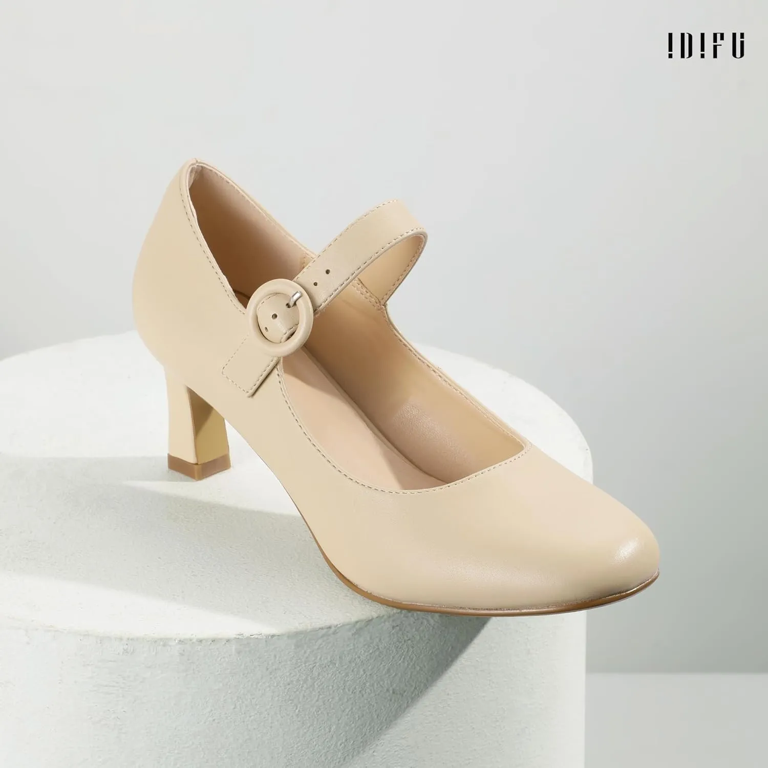 IDIFU IN3 Mary Jane Shoes Women's Closed Round Toe Low Short Small Heels Dressy Heeled Dress Shoes for Women Bride Ladies Wedding Work Comfortable Trendy Pumps with Round Buckle