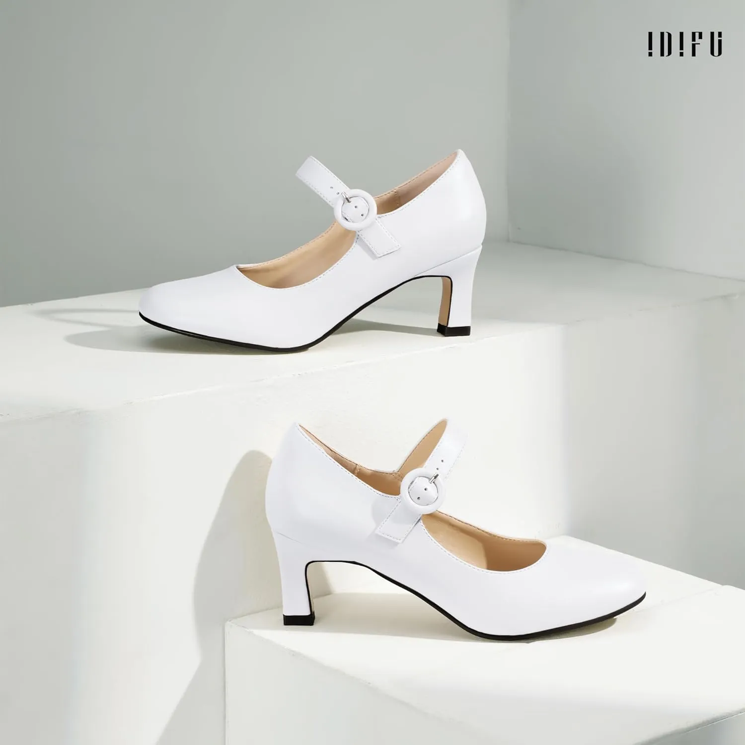 IDIFU IN3 Mary Jane Shoes Women's Closed Round Toe Low Short Small Heels Dressy Heeled Dress Shoes for Women Bride Ladies Wedding Work Comfortable Trendy Pumps with Round Buckle
