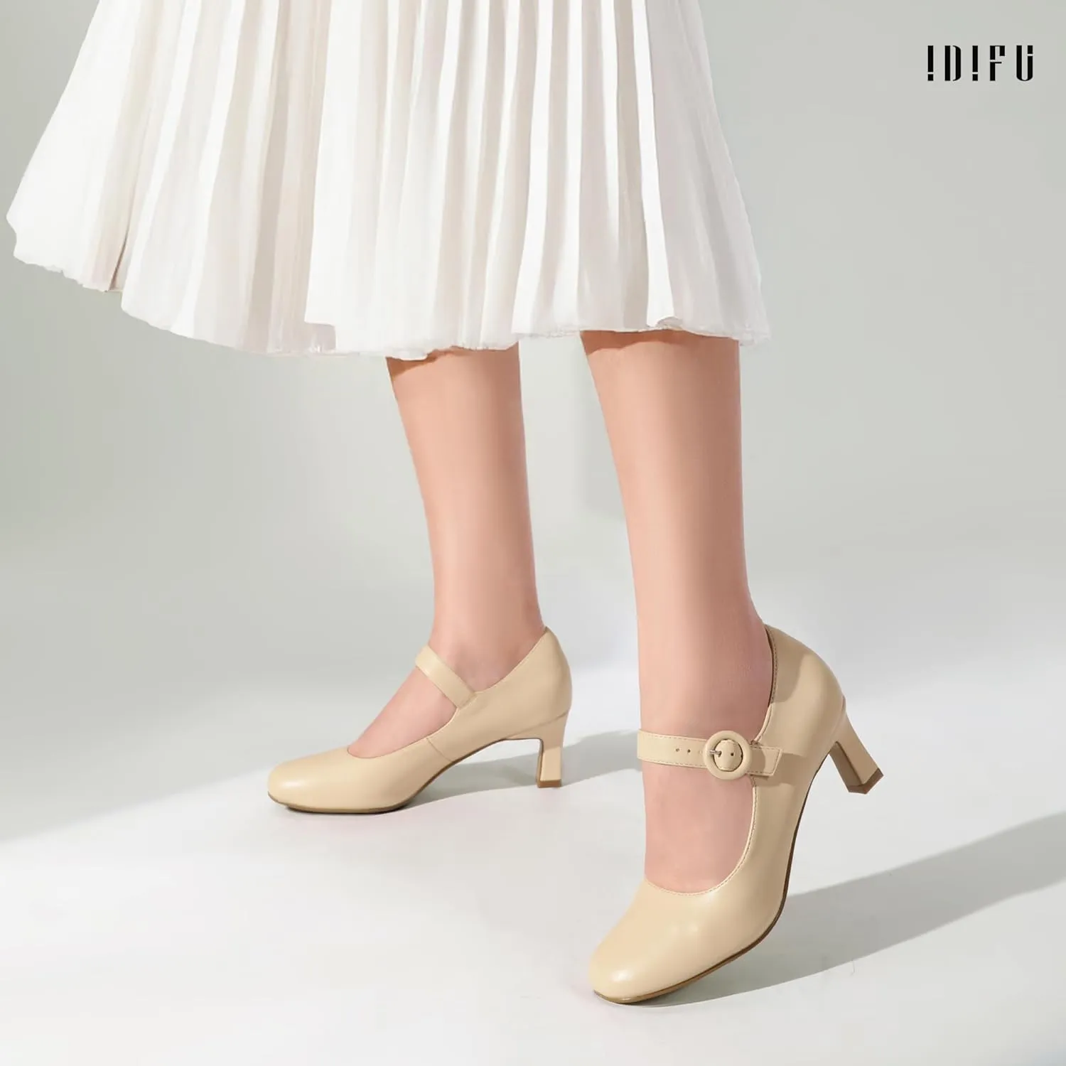 IDIFU IN3 Mary Jane Shoes Women's Closed Round Toe Low Short Small Heels Dressy Heeled Dress Shoes for Women Bride Ladies Wedding Work Comfortable Trendy Pumps with Round Buckle