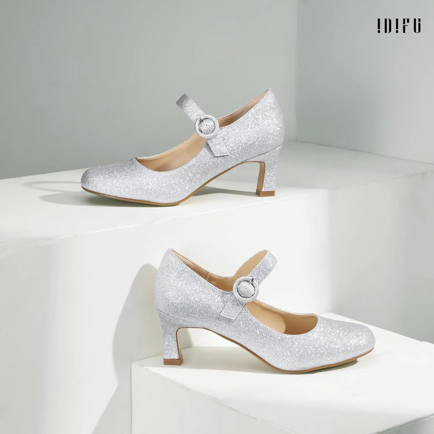 IDIFU IN3 Mary Jane Shoes Women's Closed Round Toe Low Short Small Heels Dressy Heeled Dress Shoes for Women Bride Ladies Wedding Work Comfortable Trendy Pumps with Round Buckle