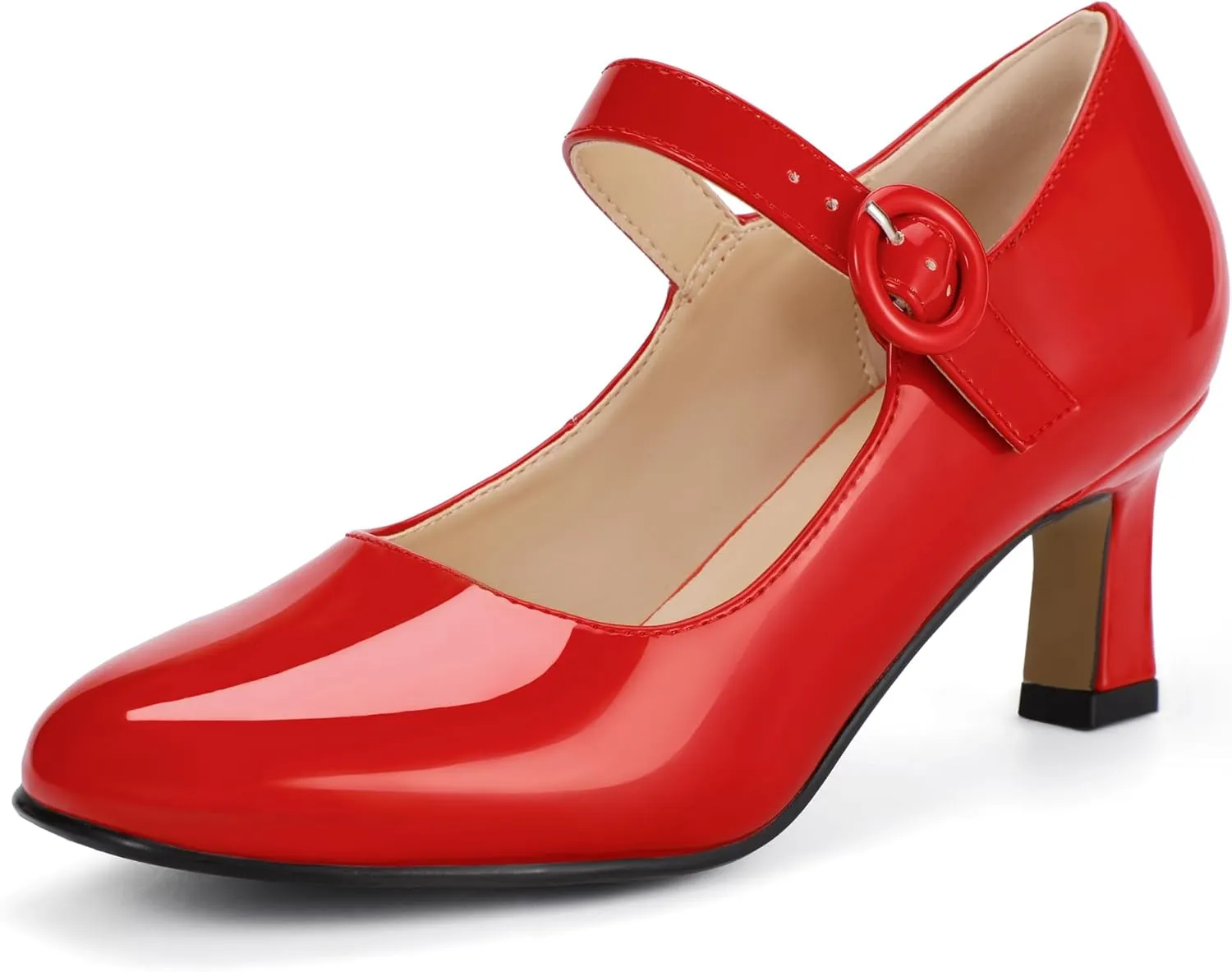 IDIFU IN3 Mary Jane Shoes Women's Closed Round Toe Low Short Small Heels Dressy Heeled Dress Shoes for Women Bride Ladies Wedding Work Comfortable Trendy Pumps with Round Buckle