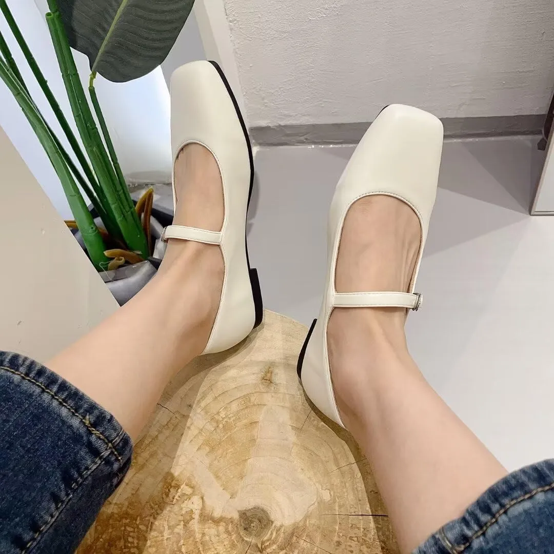 INEELUYI Women's Mary Jane Flats Retro Square Toe Soft Ballet Flats Comfort One Line Strap Dress Flats