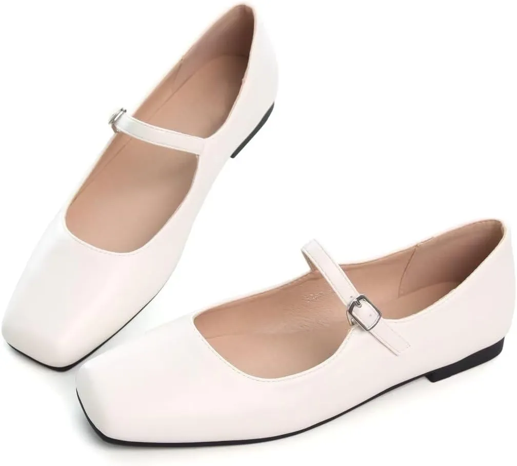 INEELUYI Women's Mary Jane Flats Retro Square Toe Soft Ballet Flats Comfort One Line Strap Dress Flats