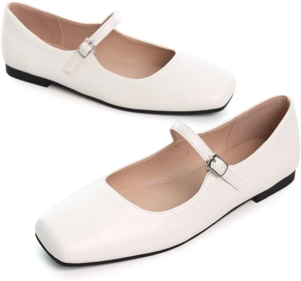 INEELUYI Women's Mary Jane Flats Retro Square Toe Soft Ballet Flats Comfort One Line Strap Dress Flats