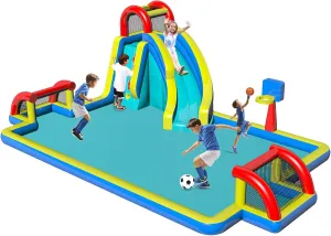 Inflatable Water Slide with Double Soccer Goal,Big Splash Pool,Basketball Hoop,Climb Wall,Air Blower,Children Bounce Slide for Party Fun