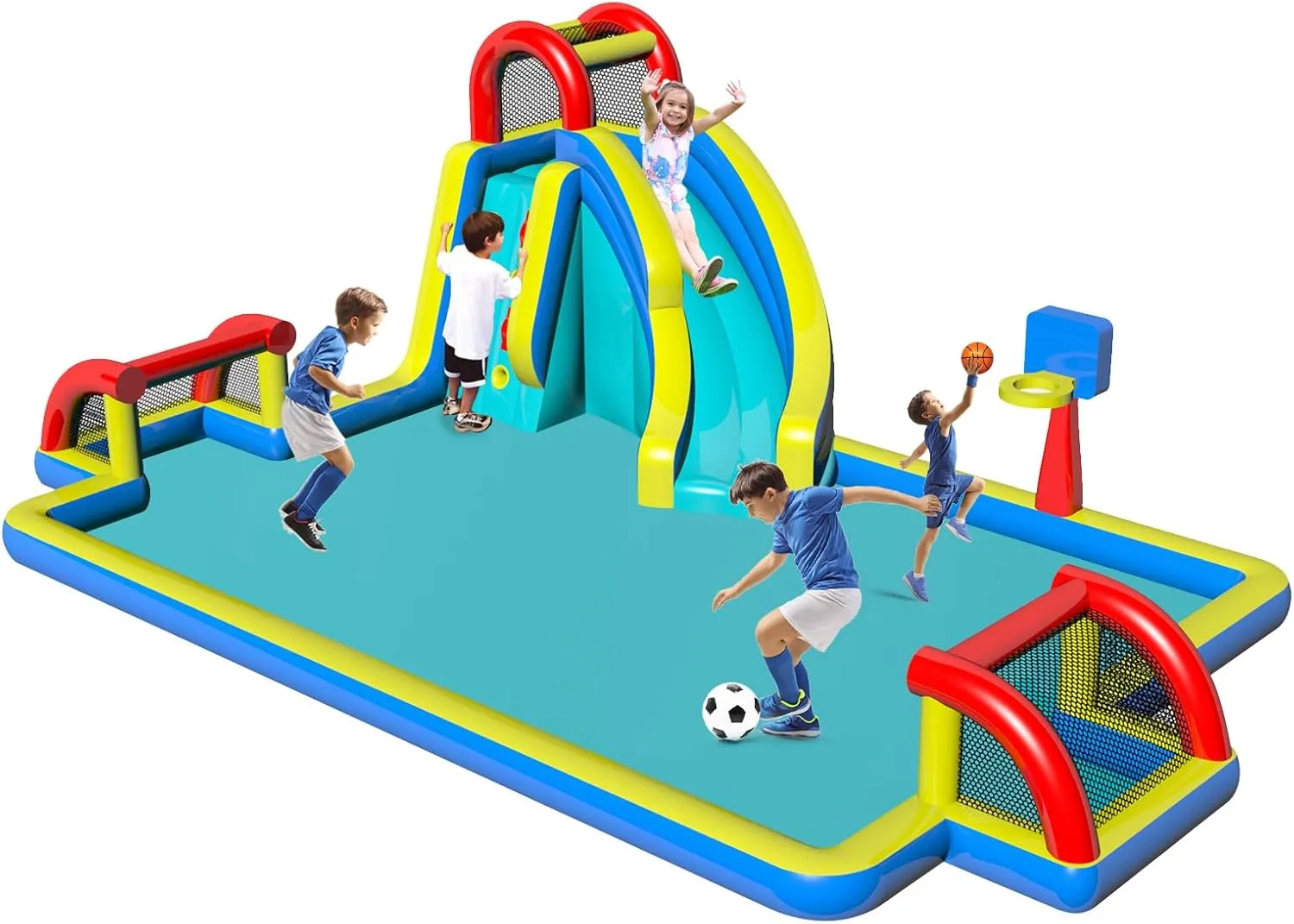 Inflatable Water Slide with Double Soccer Goal,Big Splash Pool,Basketball Hoop,Climb Wall,Air Blower,Children Bounce Slide for Party Fun