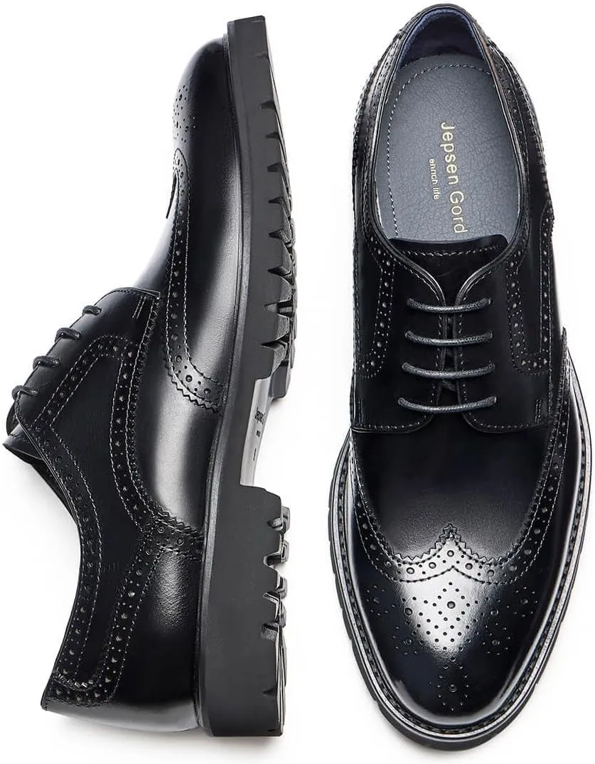 Jepsengord Men's Dress Shoes Wingtip Genuine Cowhide Leather Oxfords with Brogue Derby Shoes for Wedding, Business, Fomal Occasions