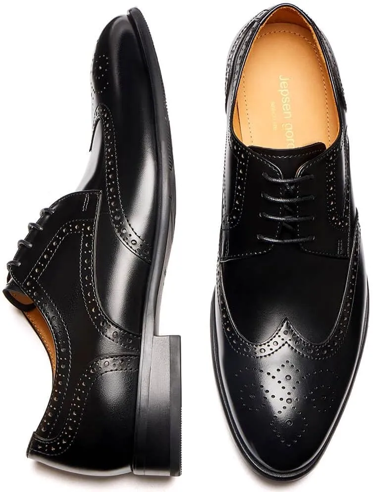 Jepsengord Men's Dress Shoes Wingtip Genuine Cowhide Leather Oxfords with Brogue Formal Business Wedding Derby Shoes