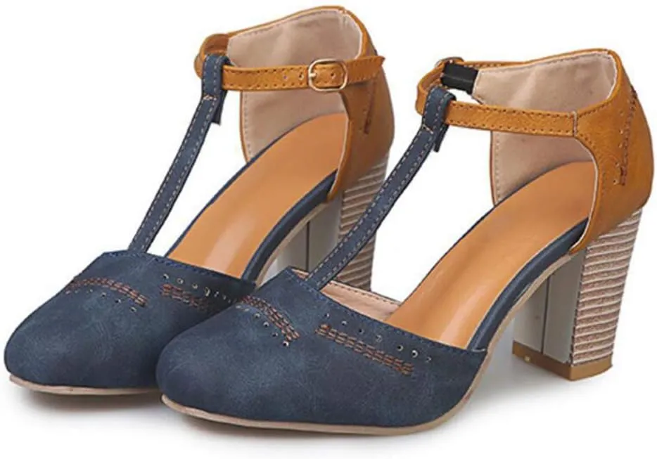 JITUUE Mary Jane Pumps Chunky Heels for Women Round Toe T-Strap Sandals Summer Oxford Shoes with Hollow