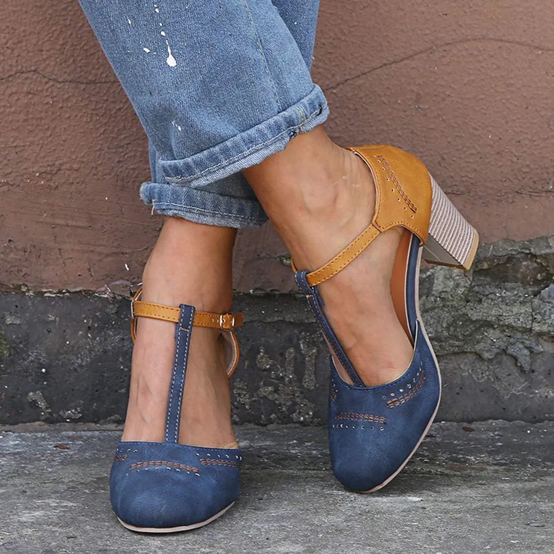 JITUUE Mary Jane Pumps Chunky Heels for Women Round Toe T-Strap Sandals Summer Oxford Shoes with Hollow