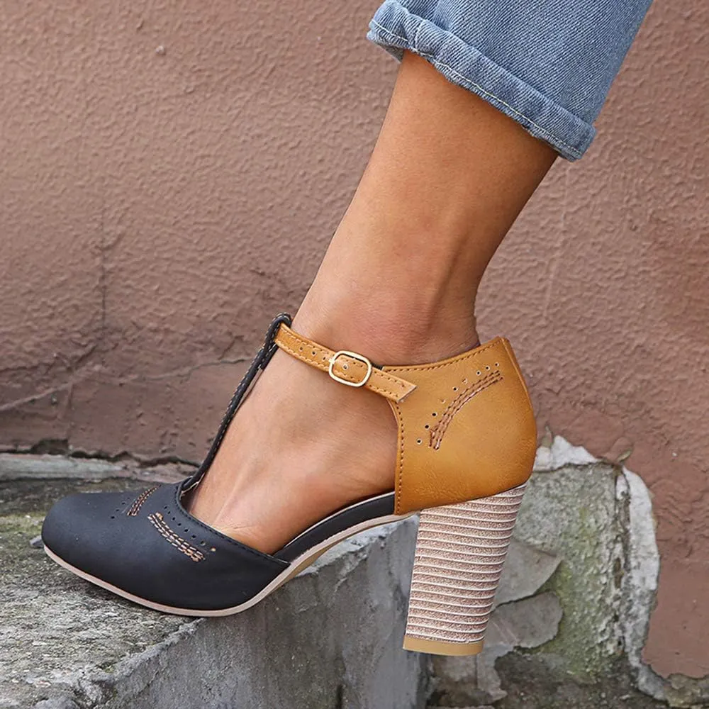 JITUUE Mary Jane Pumps Chunky Heels for Women Round Toe T-Strap Sandals Summer Oxford Shoes with Hollow