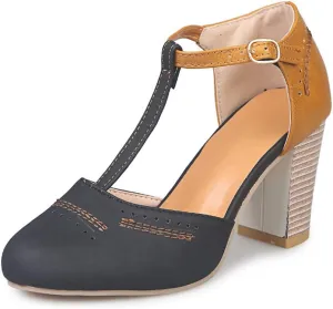 JITUUE Mary Jane Pumps Chunky Heels for Women Round Toe T-Strap Sandals Summer Oxford Shoes with Hollow