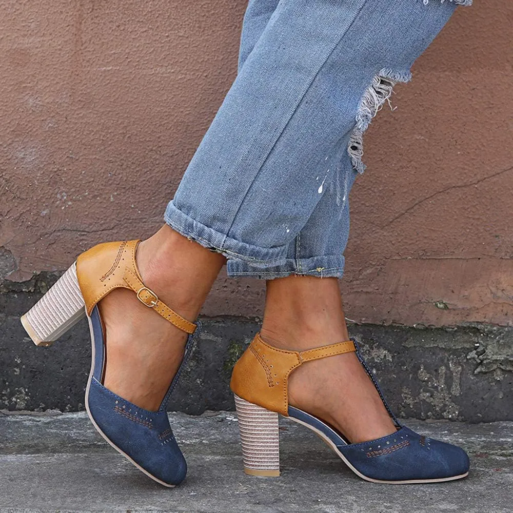 JITUUE Mary Jane Pumps Chunky Heels for Women Round Toe T-Strap Sandals Summer Oxford Shoes with Hollow