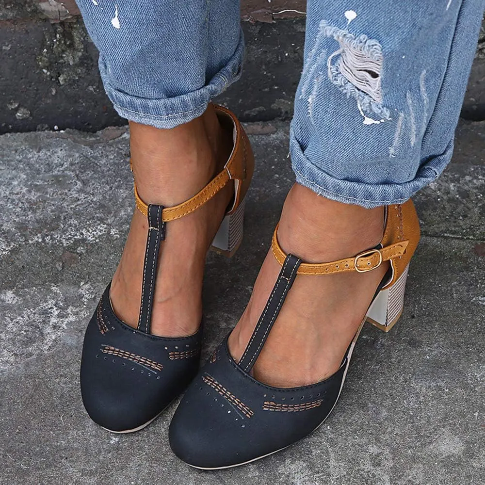 JITUUE Mary Jane Pumps Chunky Heels for Women Round Toe T-Strap Sandals Summer Oxford Shoes with Hollow