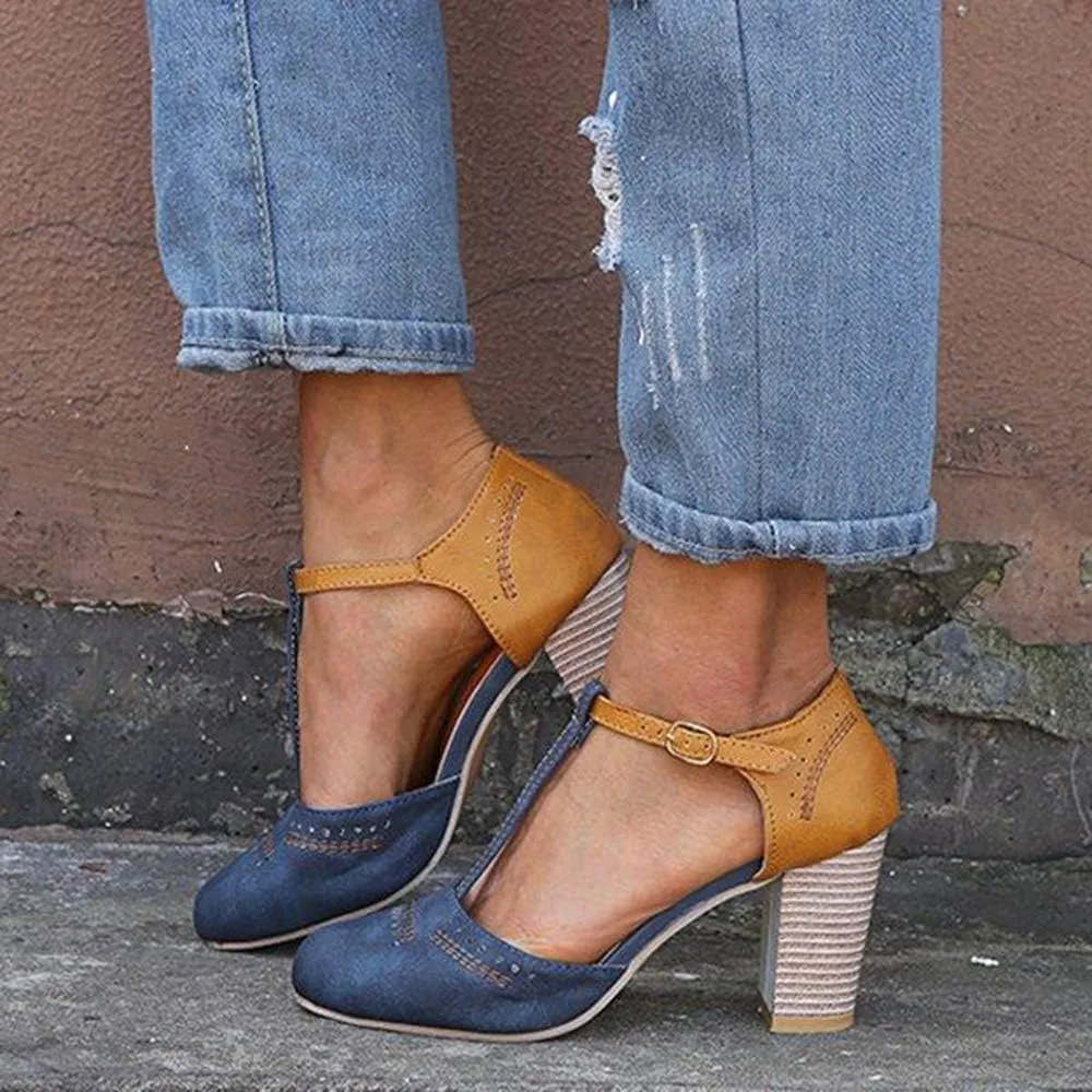 JITUUE Mary Jane Pumps Chunky Heels for Women Round Toe T-Strap Sandals Summer Oxford Shoes with Hollow