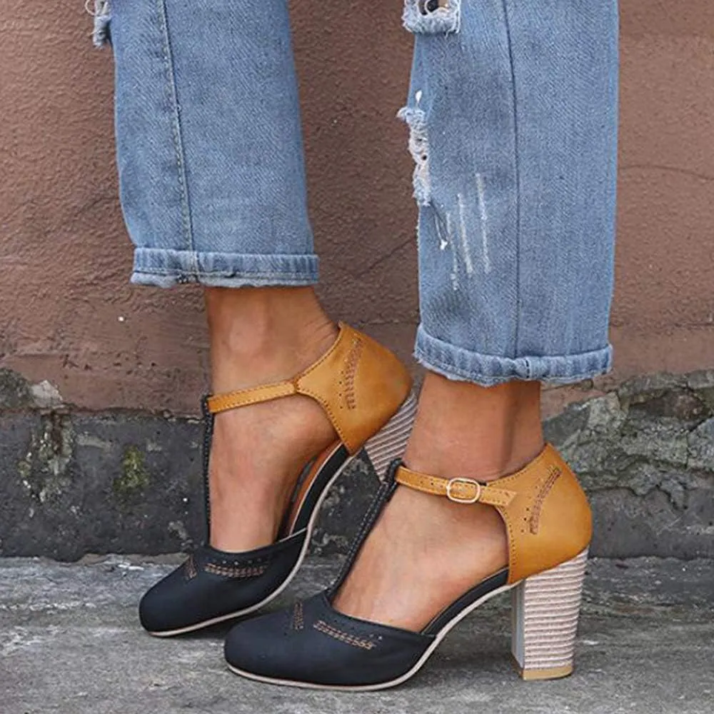 JITUUE Mary Jane Pumps Chunky Heels for Women Round Toe T-Strap Sandals Summer Oxford Shoes with Hollow