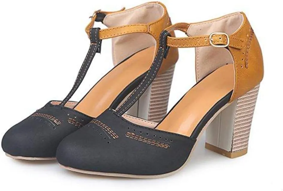 JITUUE Mary Jane Pumps Chunky Heels for Women Round Toe T-Strap Sandals Summer Oxford Shoes with Hollow