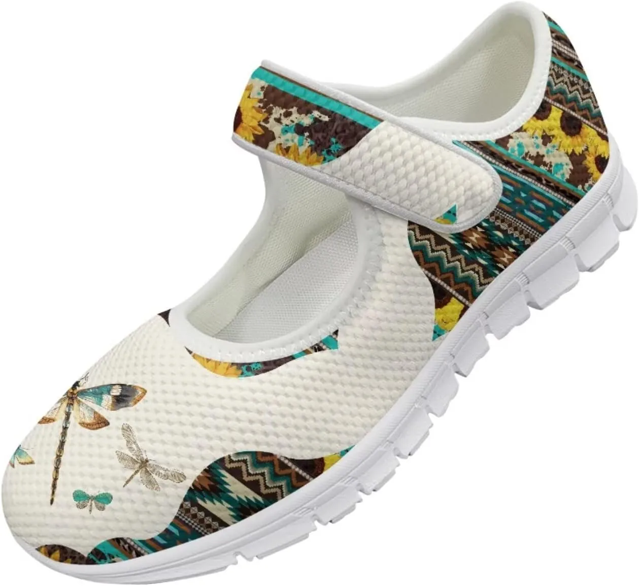 JoyLamoria Women’s Mary Jane Flats,Slip on Walking Shoes Comfort Travel Flats Adjustable Barefoot Shoes,Boho Dragonfly