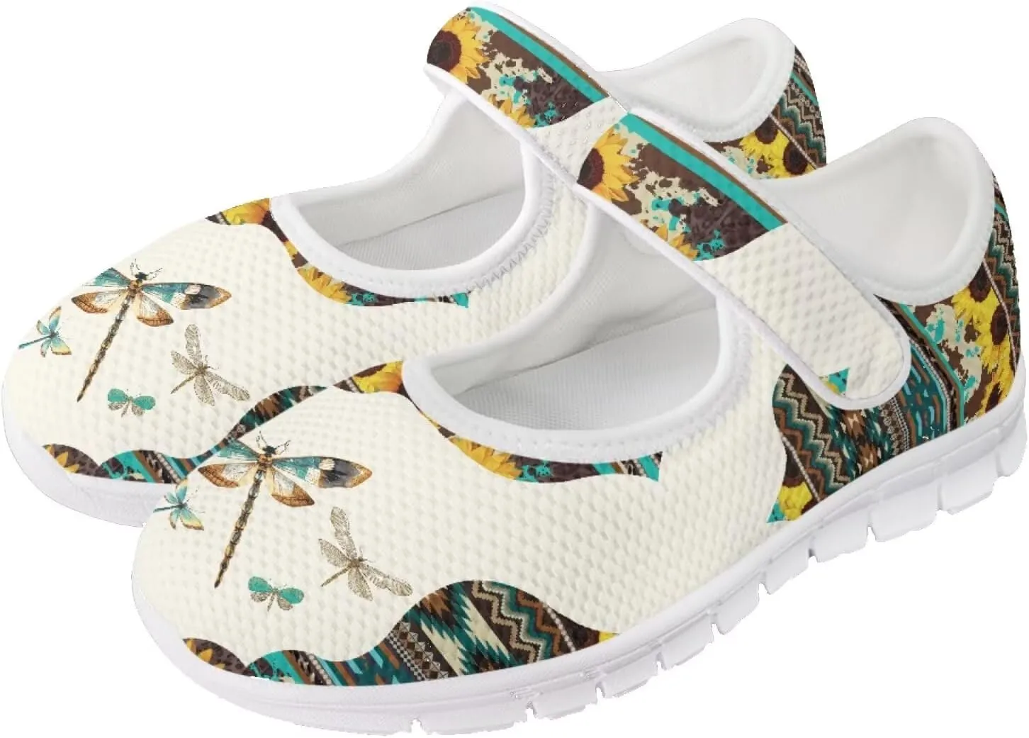 JoyLamoria Women’s Mary Jane Flats,Slip on Walking Shoes Comfort Travel Flats Adjustable Barefoot Shoes,Boho Dragonfly