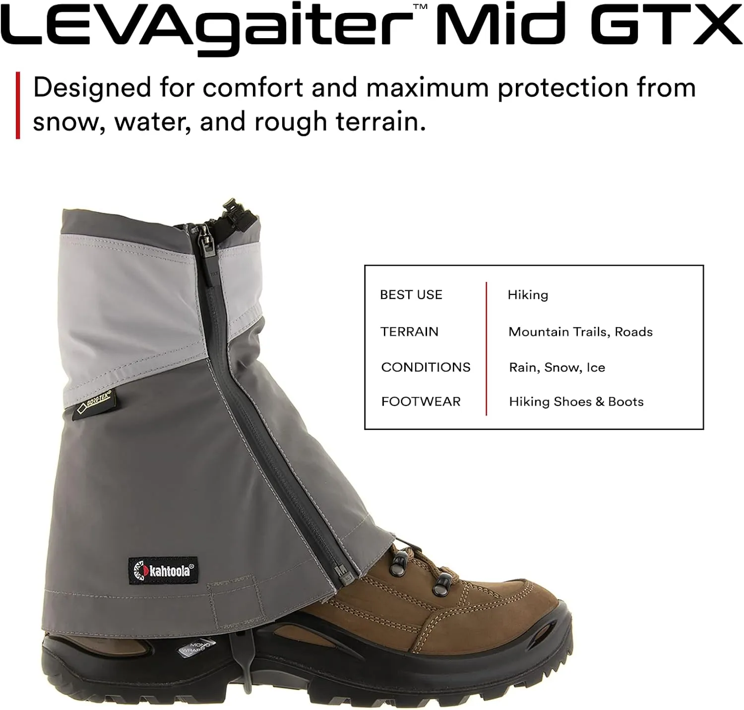 Kahtoola LEVAgaiter Mid GTX Gaiters, Waterproof Gore-TEX Shoe & Boot Protection for Mountaineering, Off-Trail Hiking in Mud, Snow & Ice